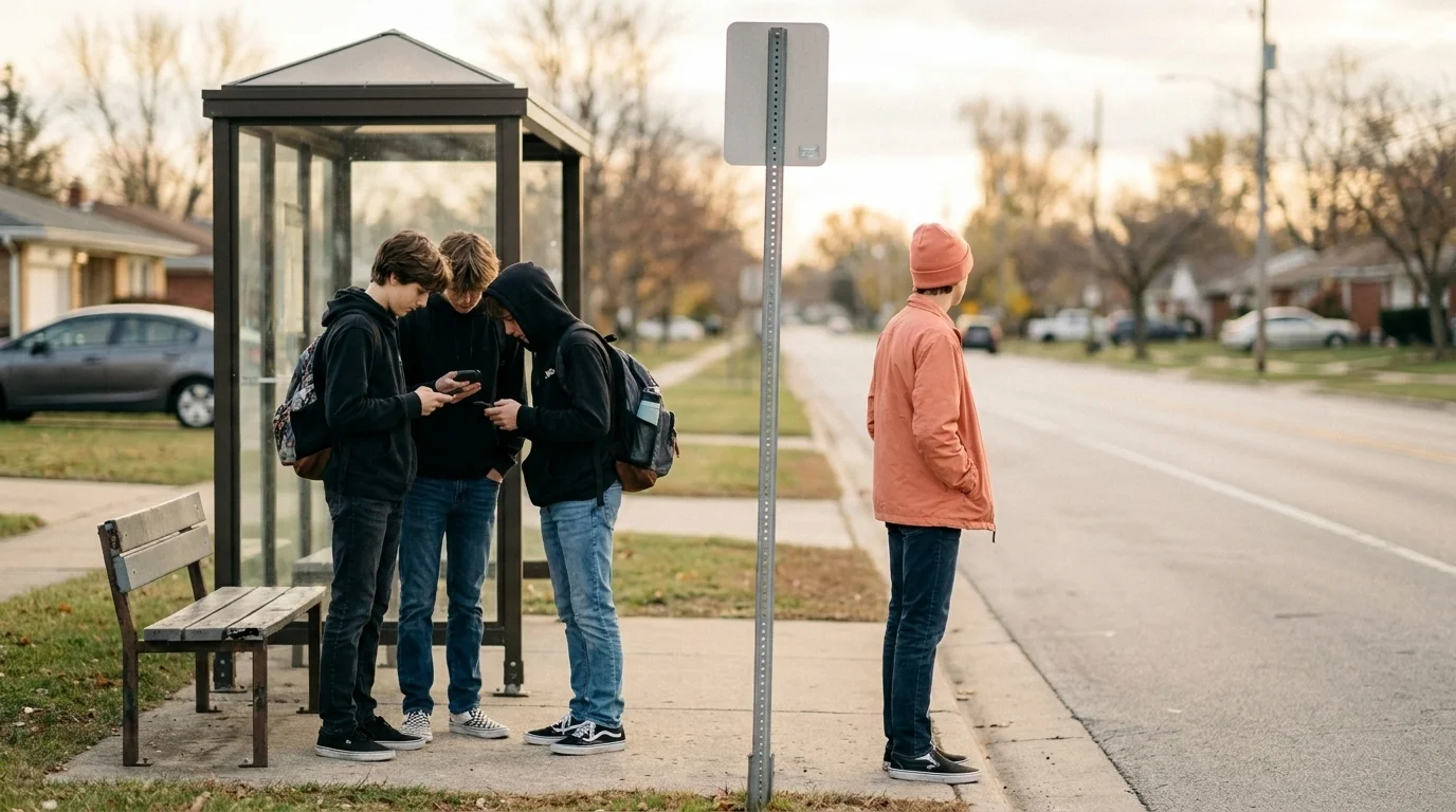 Group of teenagers at a suburban bus stop in afternoon light, three looking at phones, one looking down the street