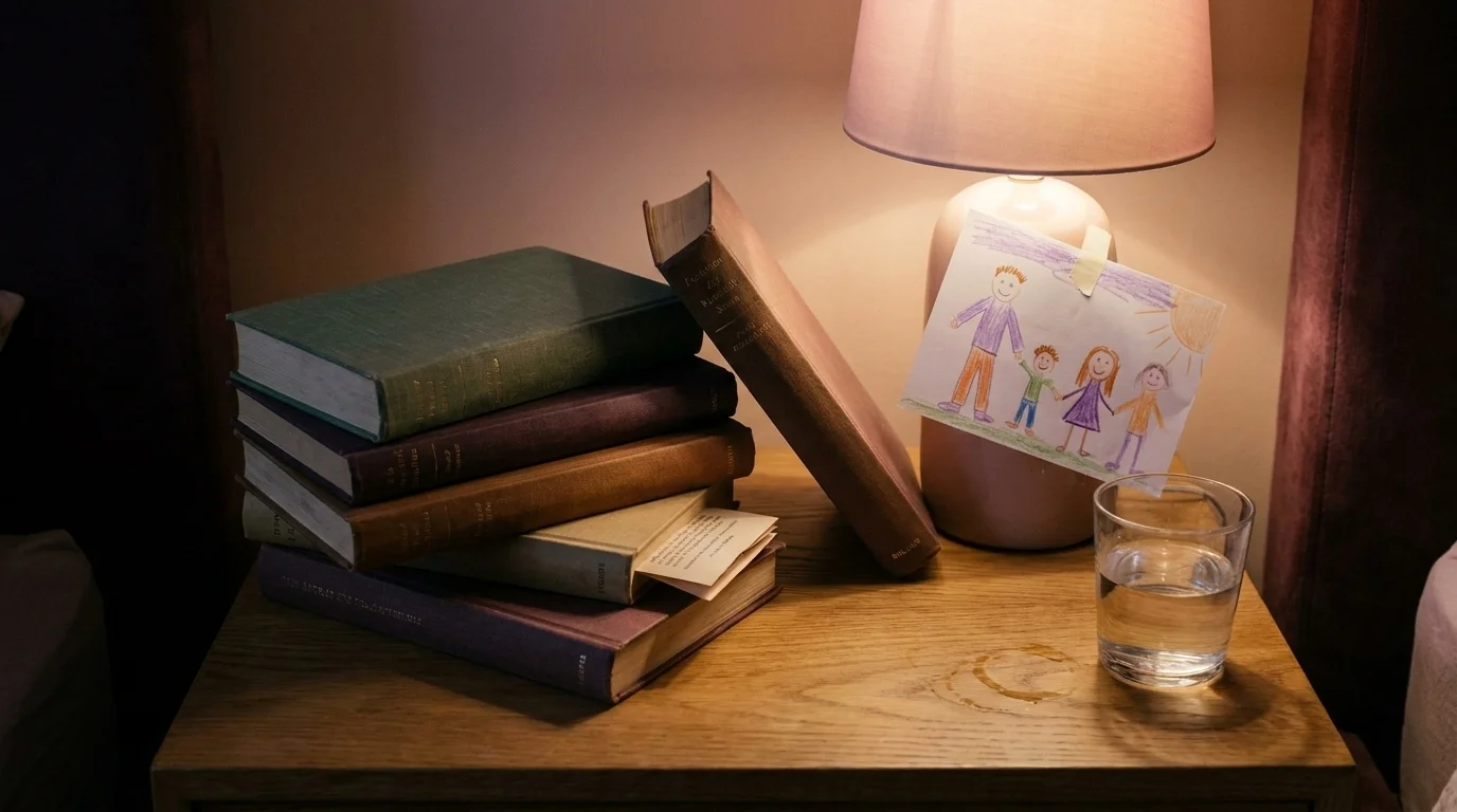 Stack of hardcover fiction books about motherhood on a bedside table with a small lamp and a child's drawing behind