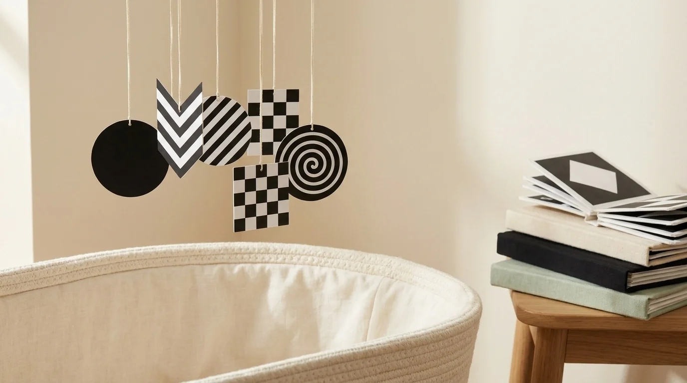 High-contrast black-and-white geometric mobile over an empty bassinet beside a stack of cloth high-contrast board books