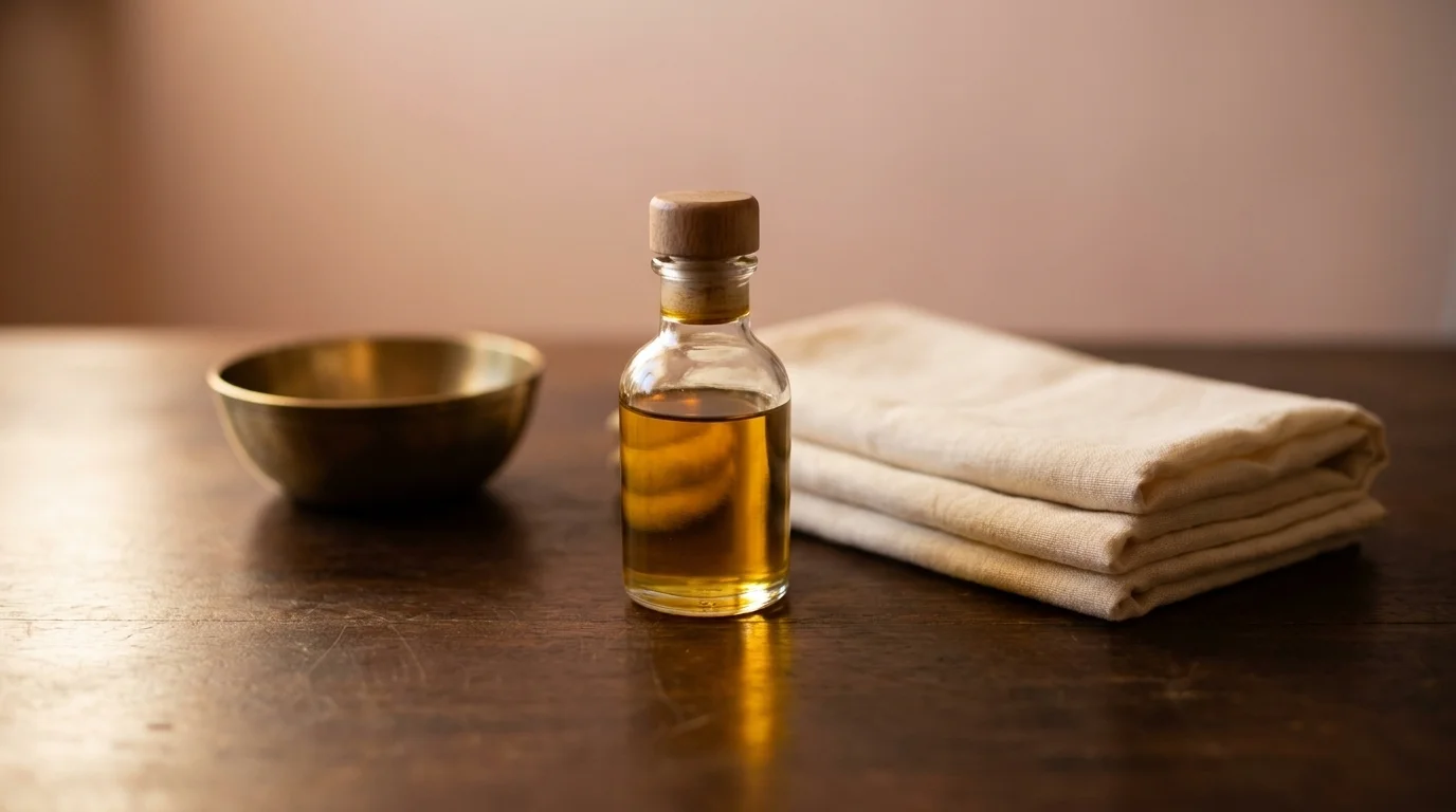 Oil bottle, folded soft muslin cloth, and brass bowl arranged for Indian postpartum massage on a low table in morning light
