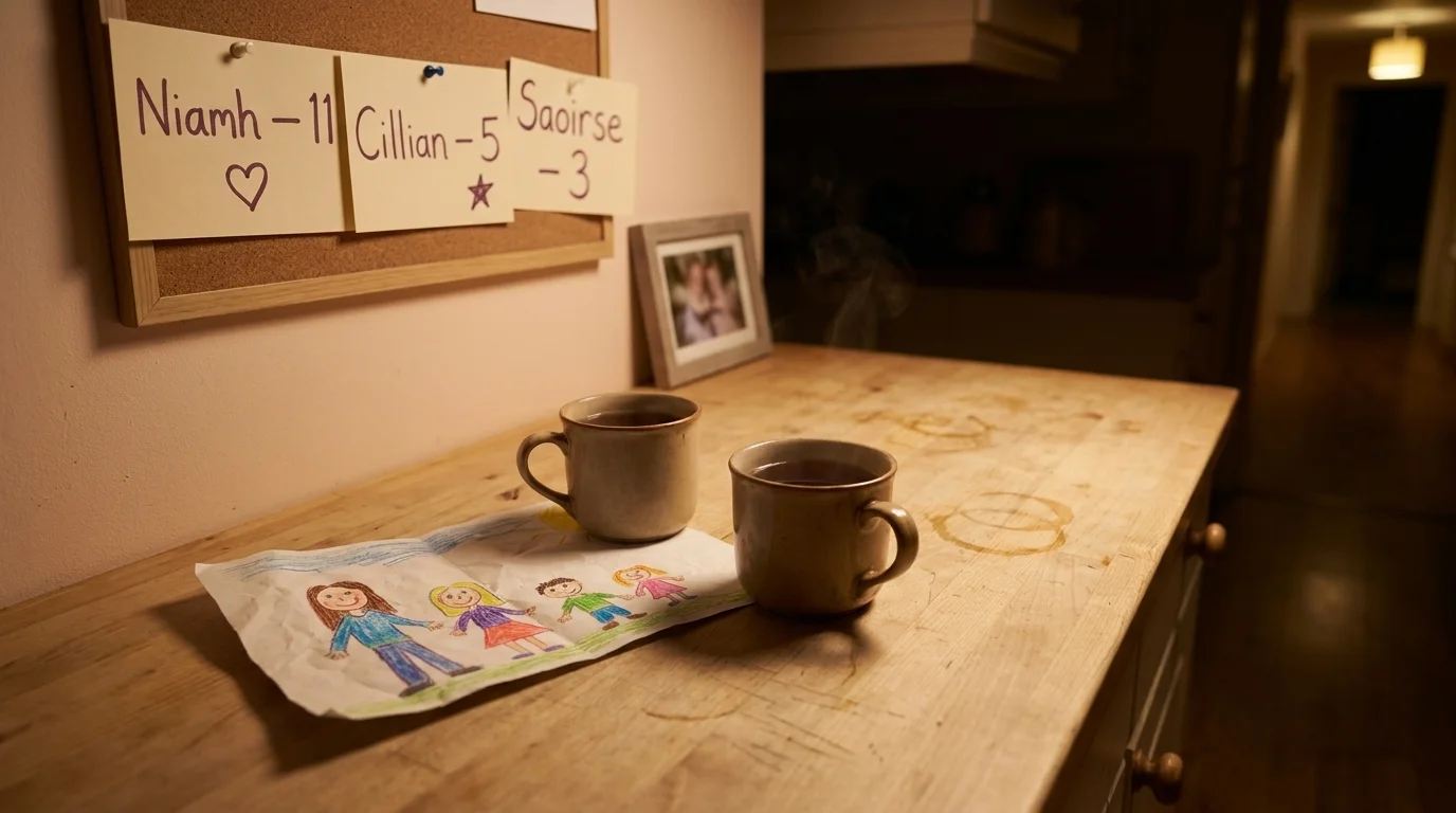 Kitchen counter at evening with three children's birthday cards on a corkboard, two mugs of tea, soft lamp light
