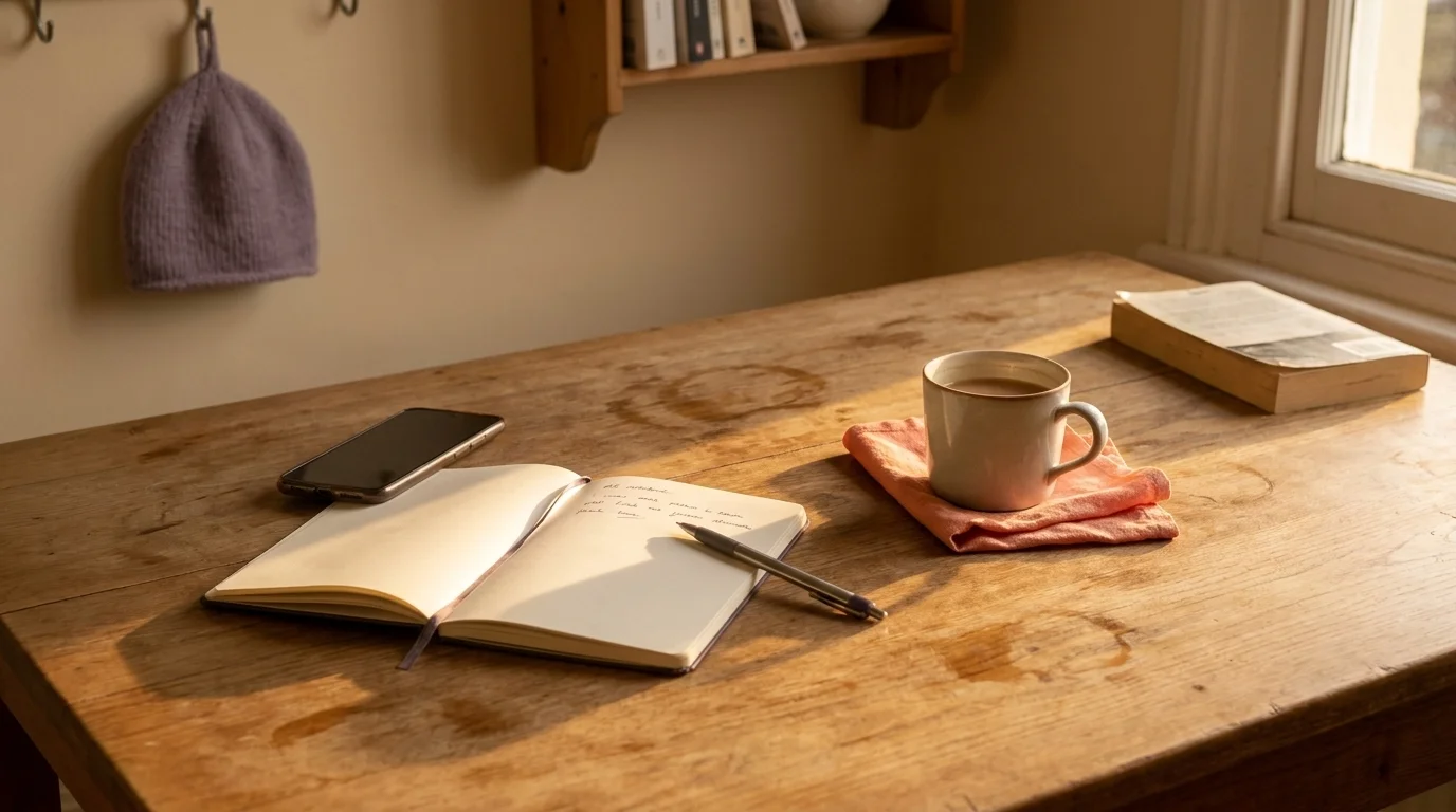 Kitchen table with an open notebook, a phone face-down beside a half-drunk mug in low golden light from a west window