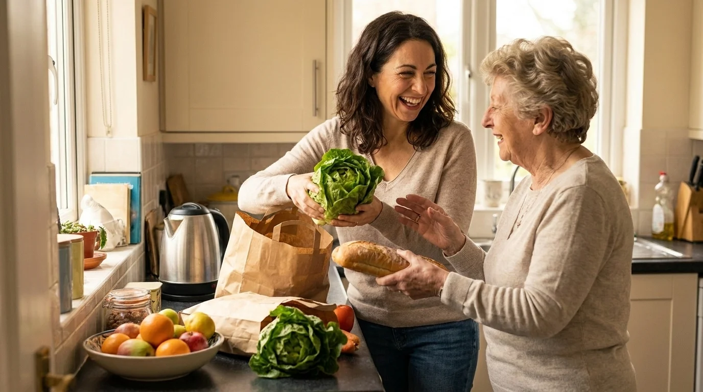 A young mother and her own mother sorting groceries together in the kitchen in soft natural light