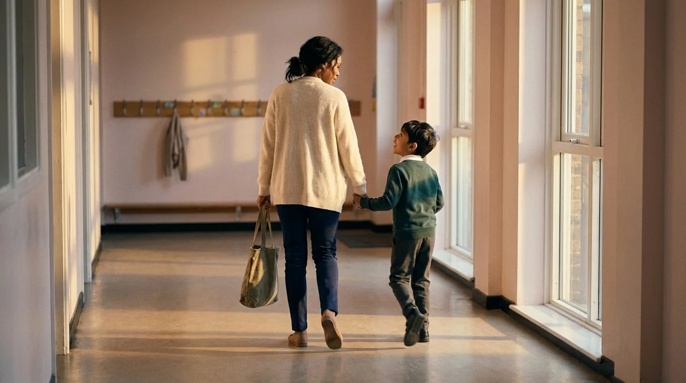 Mother and her child walking down a school corridor holding hands in late-afternoon light — special needs parenting