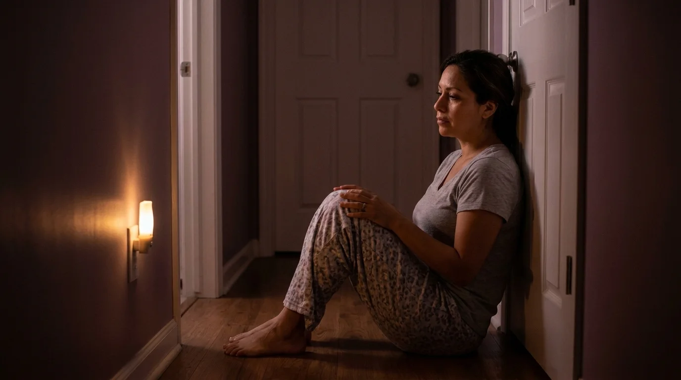 A weary mother sitting on a dim hallway floor at night, back against a child's bedroom door, lit by a nightlight