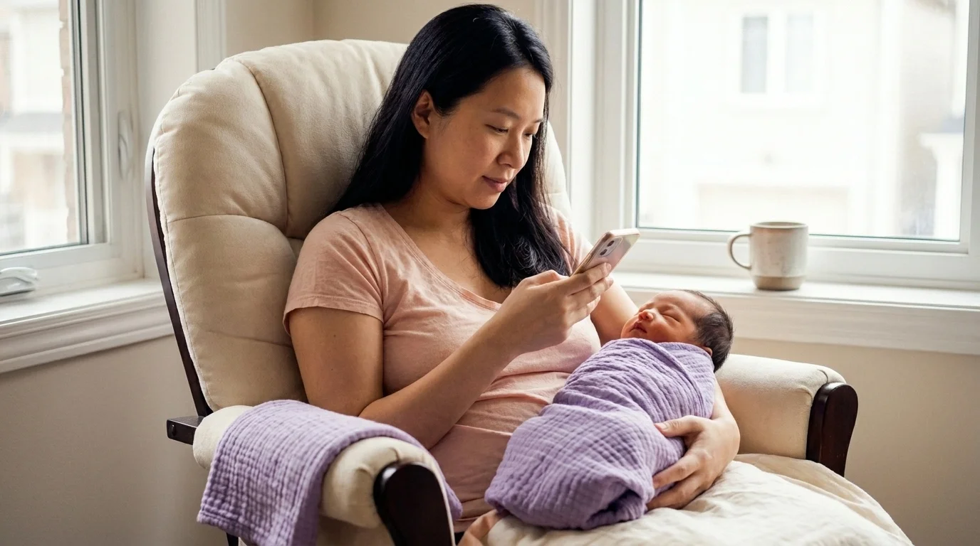 Mother sitting by a window in daylight reading her phone one-handed while her newborn rests on her lap