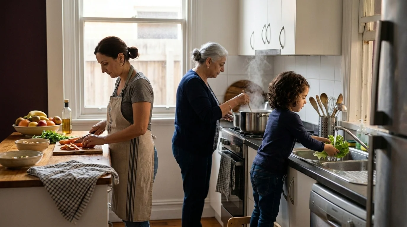 Parent, child, and older relative working alongside each other on different kitchen tasks on an ordinary day