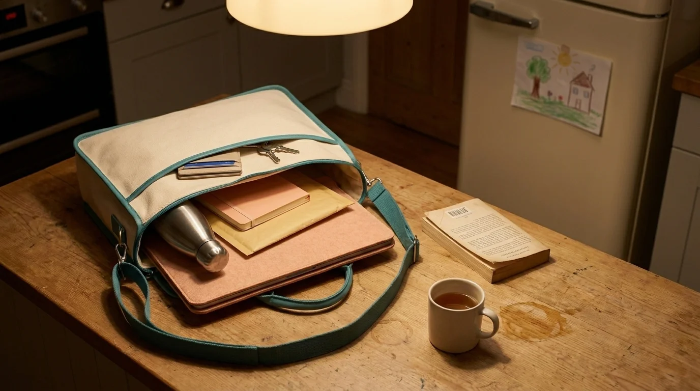 Packed work bag on a kitchen counter the night before first day back from leave with a laptop, water bottle, and notebook