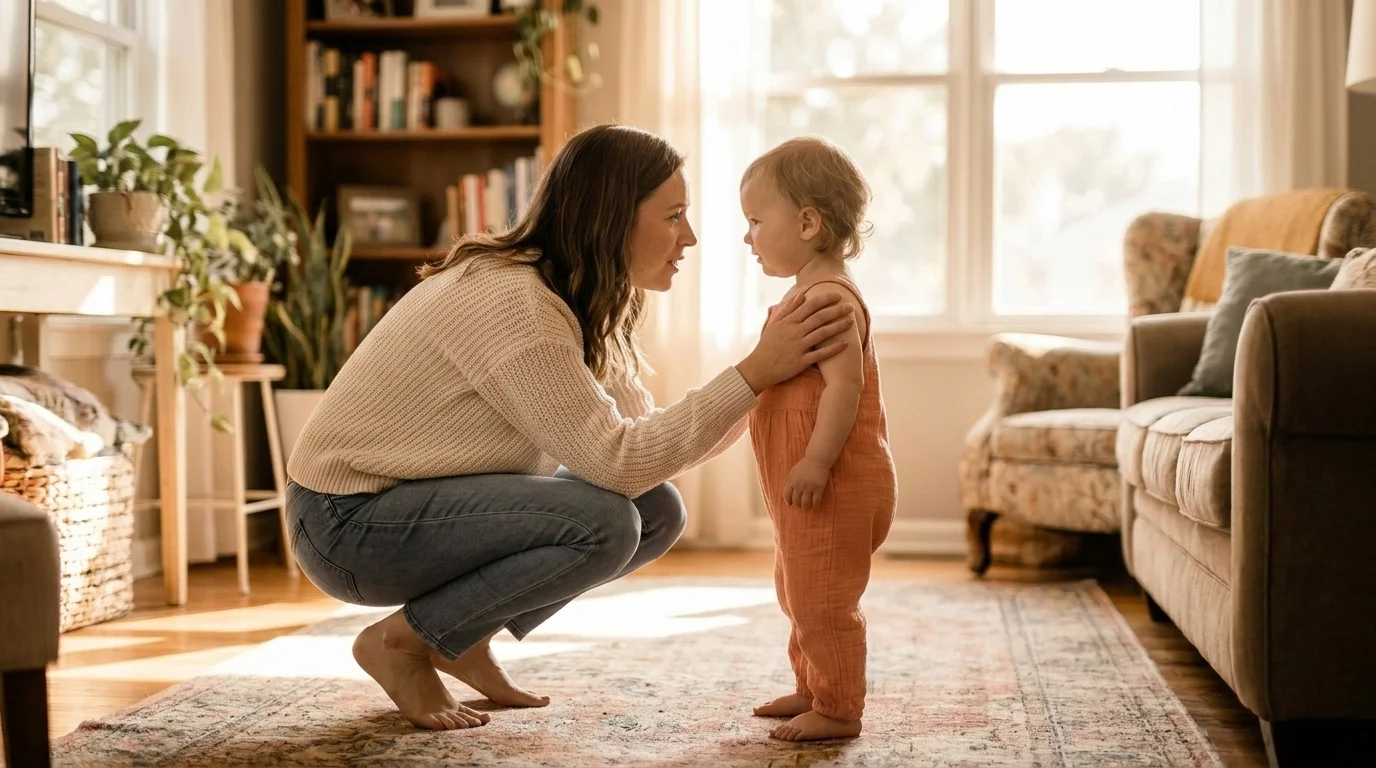Parent crouching to a young child's eye level for a calm gentle-parenting conversation at home in soft daylight