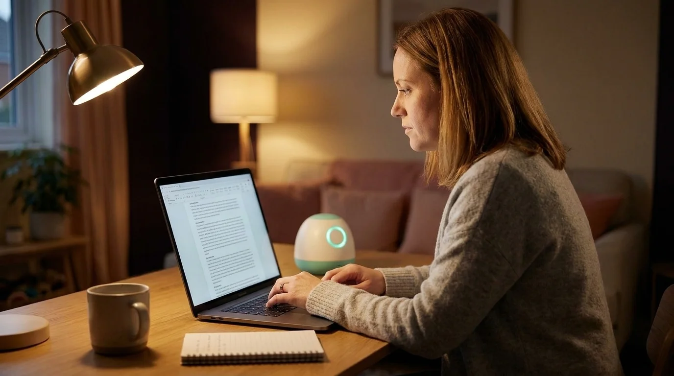 Parent at a laptop in the evening reviewing a privacy policy with an AI toy on the desk beside the laptop