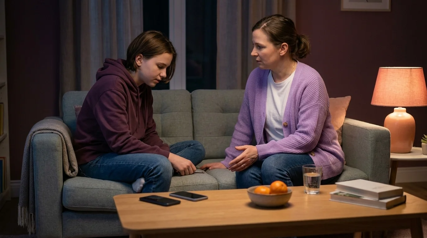 Mother in lavender and teenager in deep-plum on a slate-grey couch, mid-conversation, both phones face-down