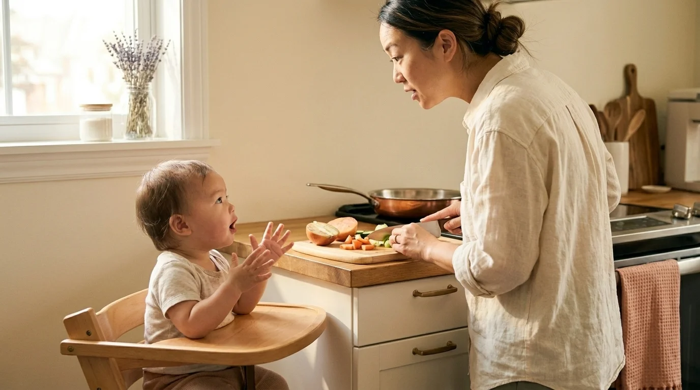 Parent talking with a toddler in a high-chair while preparing food — unstructured talk that drives child brain development