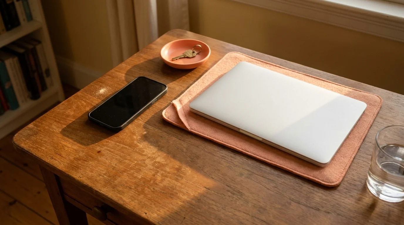 Smartphone face-down on a polished wooden desk beside a closed slim laptop in warm late-afternoon light