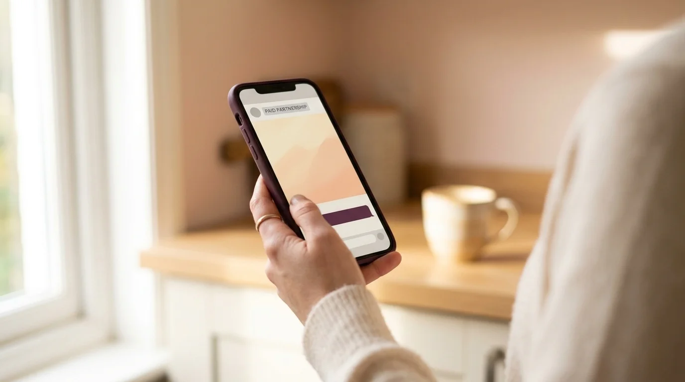 Hand holding a phone showing a social-media feed with a "Paid partnership" label visible at the top of the post