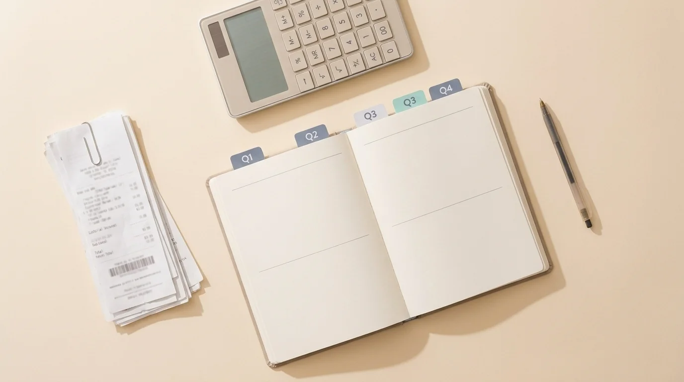 Overhead flat-lay of a quarterly planner, calculator, and receipts laid out for self-employment tax planning