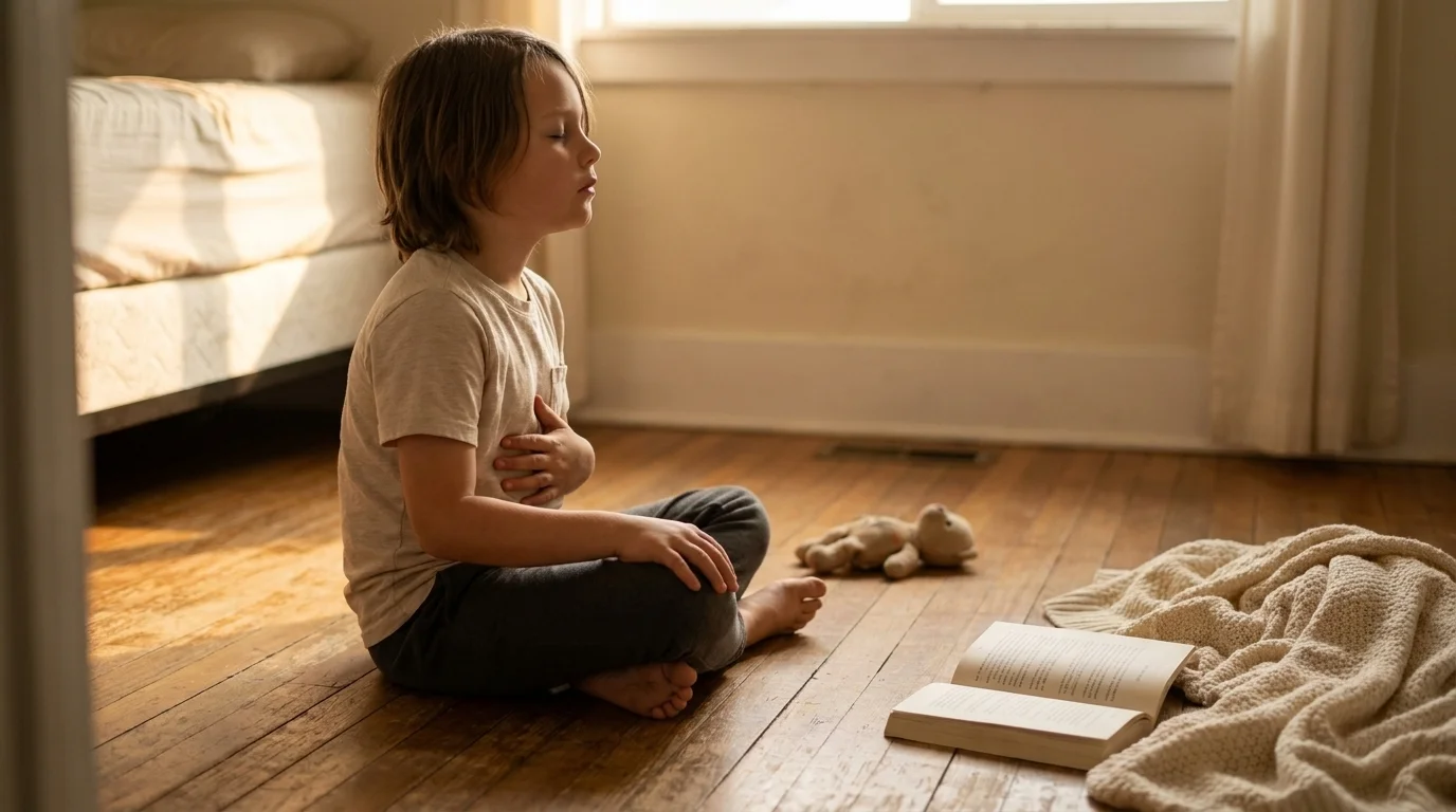Eight-year-old sitting cross-legged on a bedroom floor with one hand on the belly, eyes closed, mid-breath
