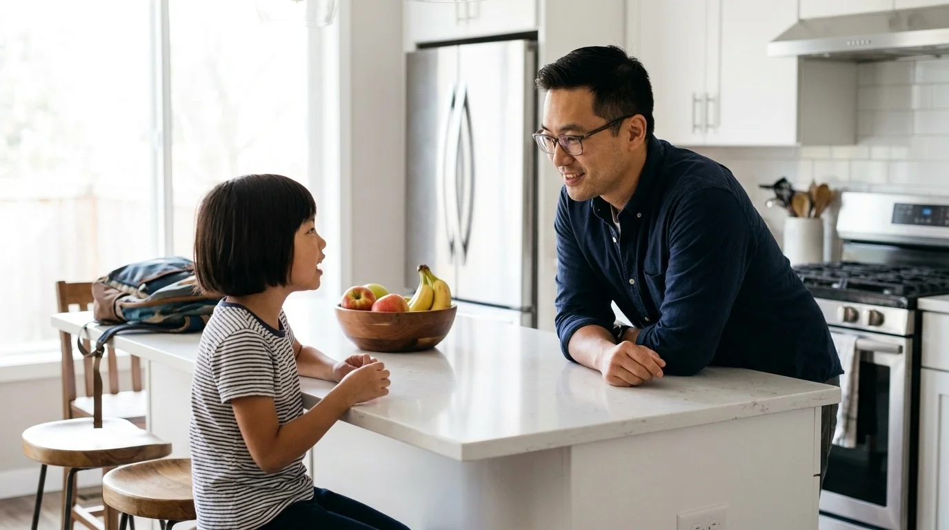 Second-generation Asian-American father and his school-age child talking at a kitchen island in natural light