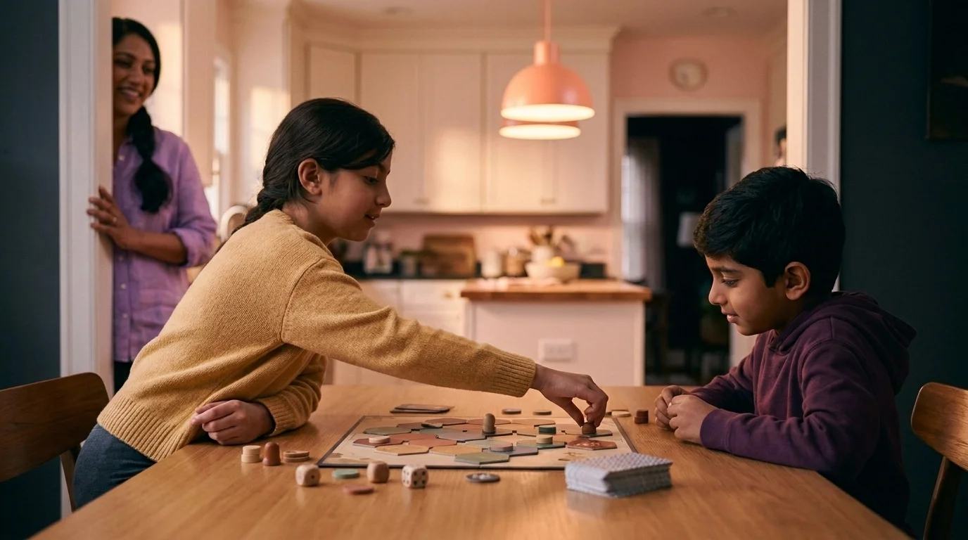 Two siblings playing a cooperative board game together at the kitchen table, one of the games for family bonding