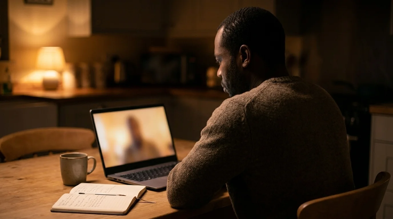 Single father on an evening video call with another adult at his kitchen table, warm lamp light