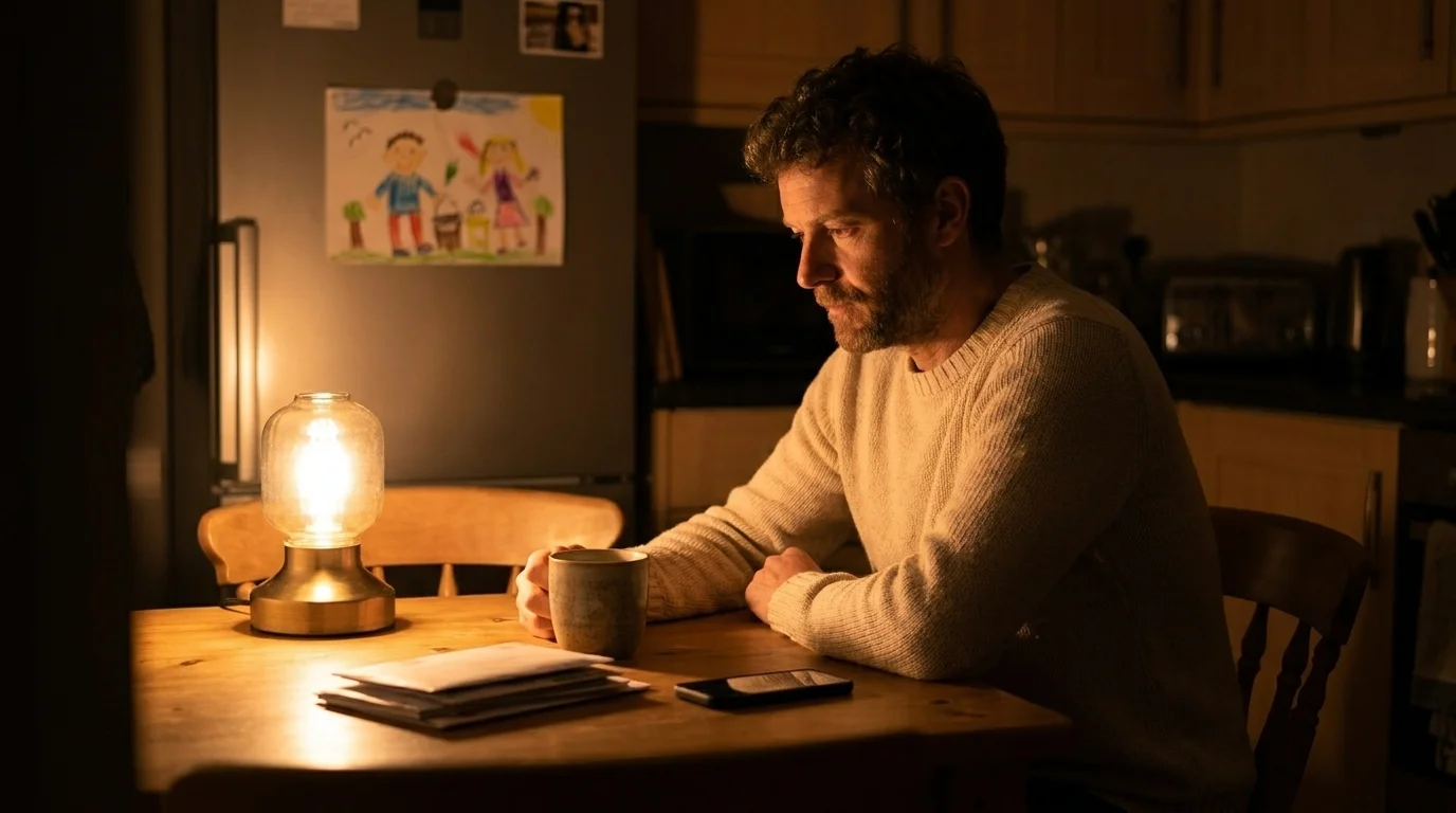 Single father sitting alone at a dim kitchen table late at night, a child's drawing on the fridge behind him
