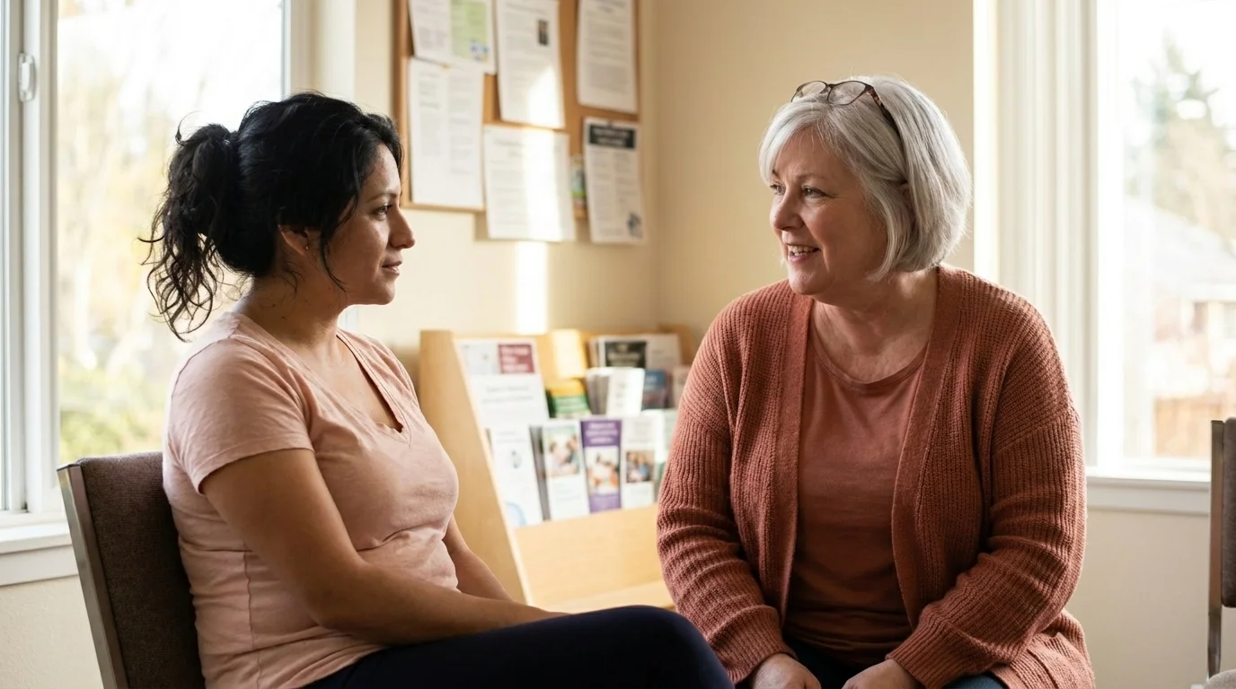 Single parent seated in conversation with a support worker in a bright community space