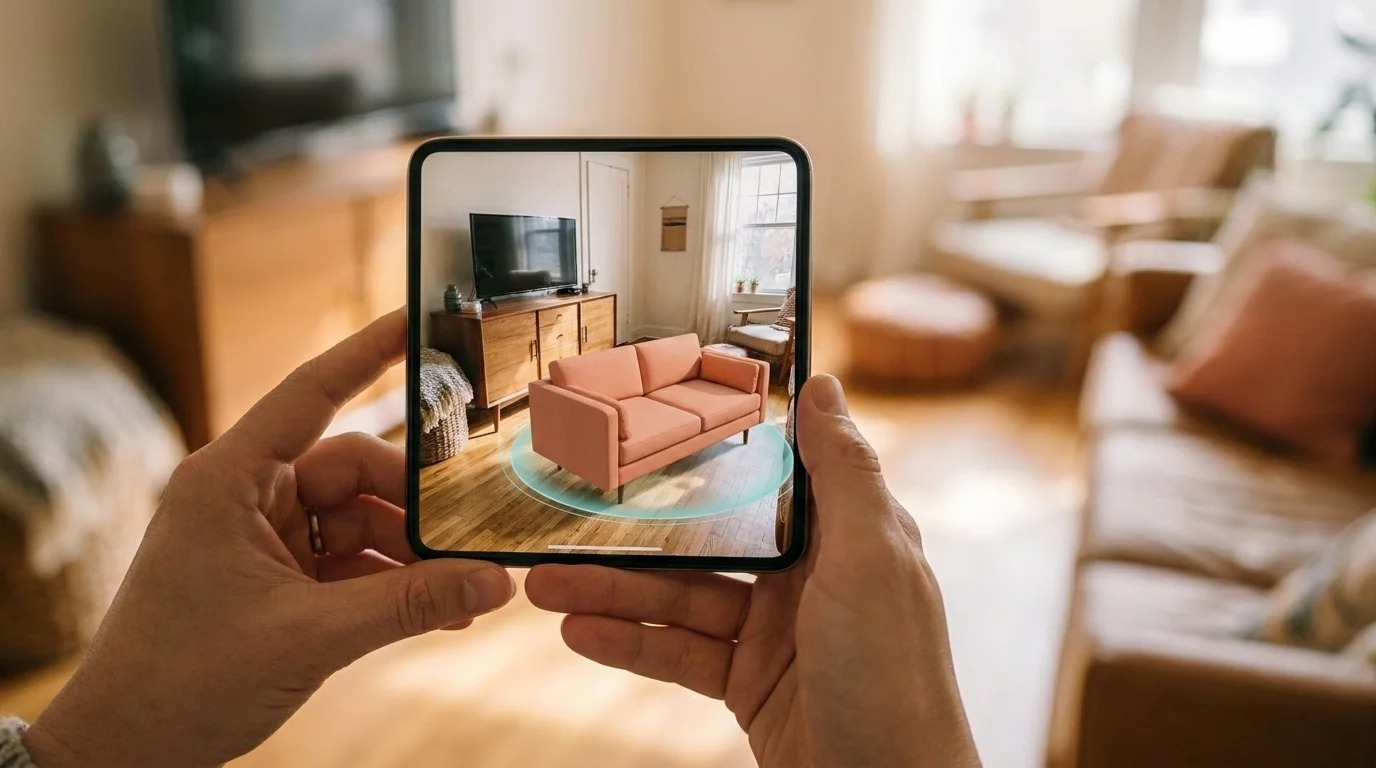 Smartphone showing an AR shopping preview placing a virtual sofa in a real living room before buying, warm light