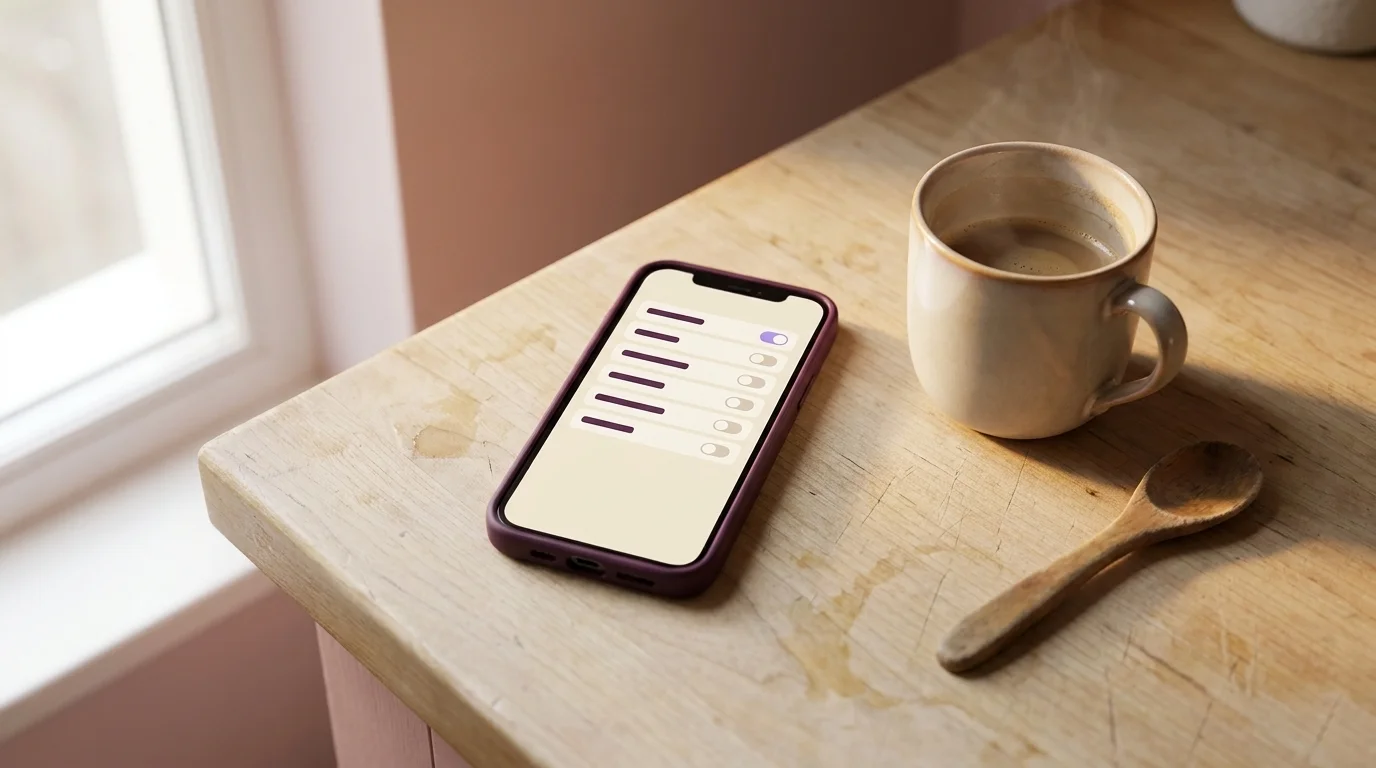 Smartphone on a kitchen counter showing an AI parental-controls settings menu beside a half-finished coffee in morning light