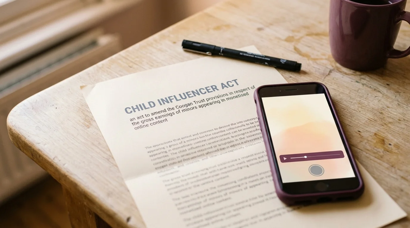 Folded printout of a state law on a kitchen table next to a phone showing a paused video-creation interface in soft light