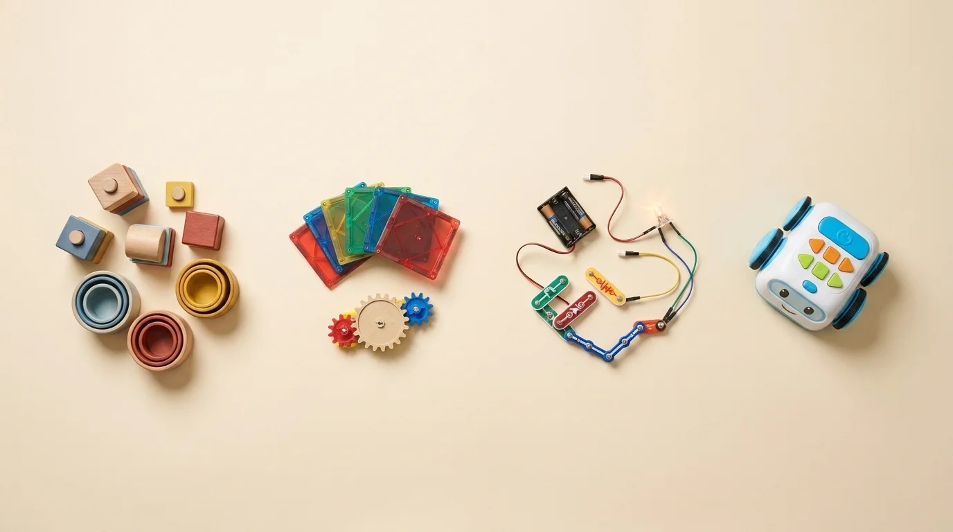 Overhead flat-lay of STEM toys by age: stacking blocks, magnetic tiles, a circuit kit, and a coding robot
