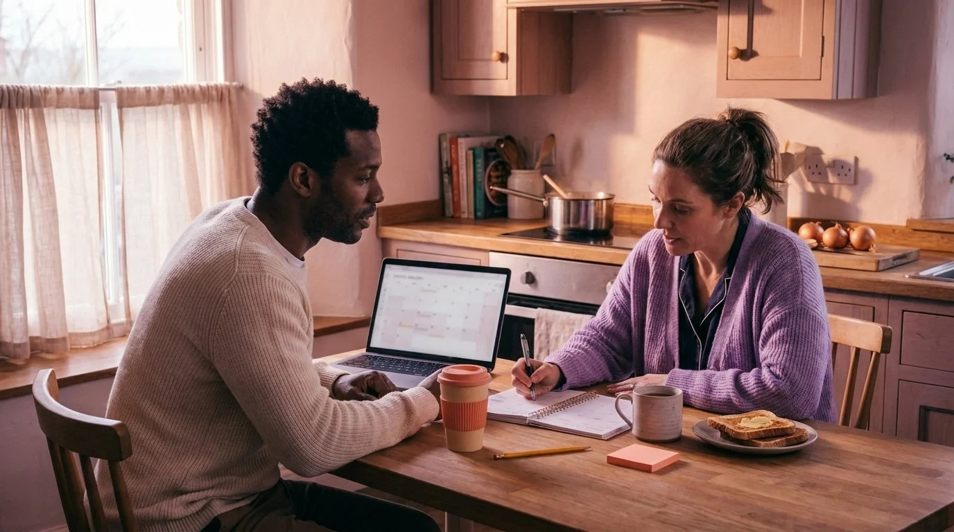 Couple at a kitchen table on a Sunday afternoon — laptop calendar open, planner between them, mid-conversation about the week