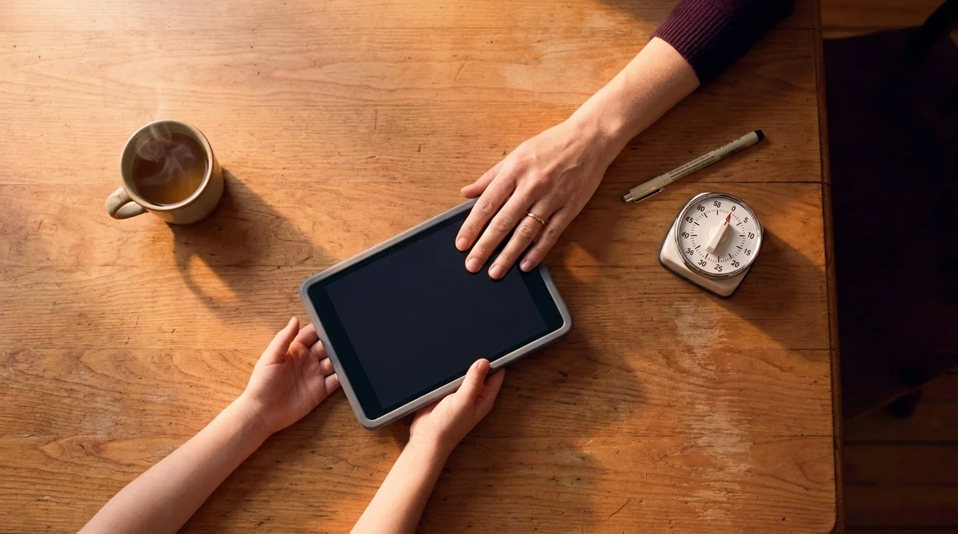 Adult hand sliding a tablet toward a child's hands on a wooden table, mechanical kitchen timer at zero beside them