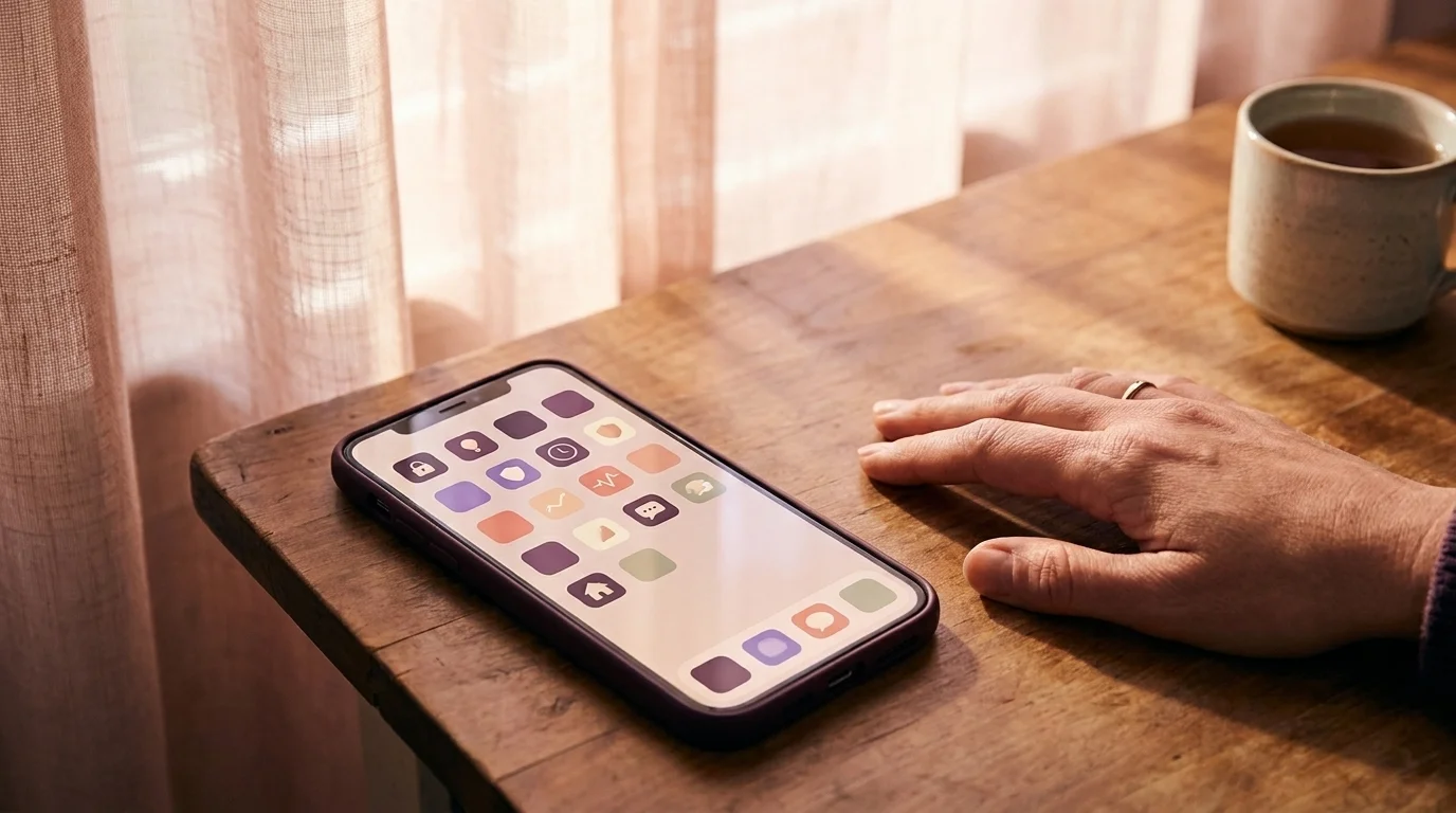 Teenager's smartphone face-up on a wooden table with a grid of muted app icons and a parent's hand beside it