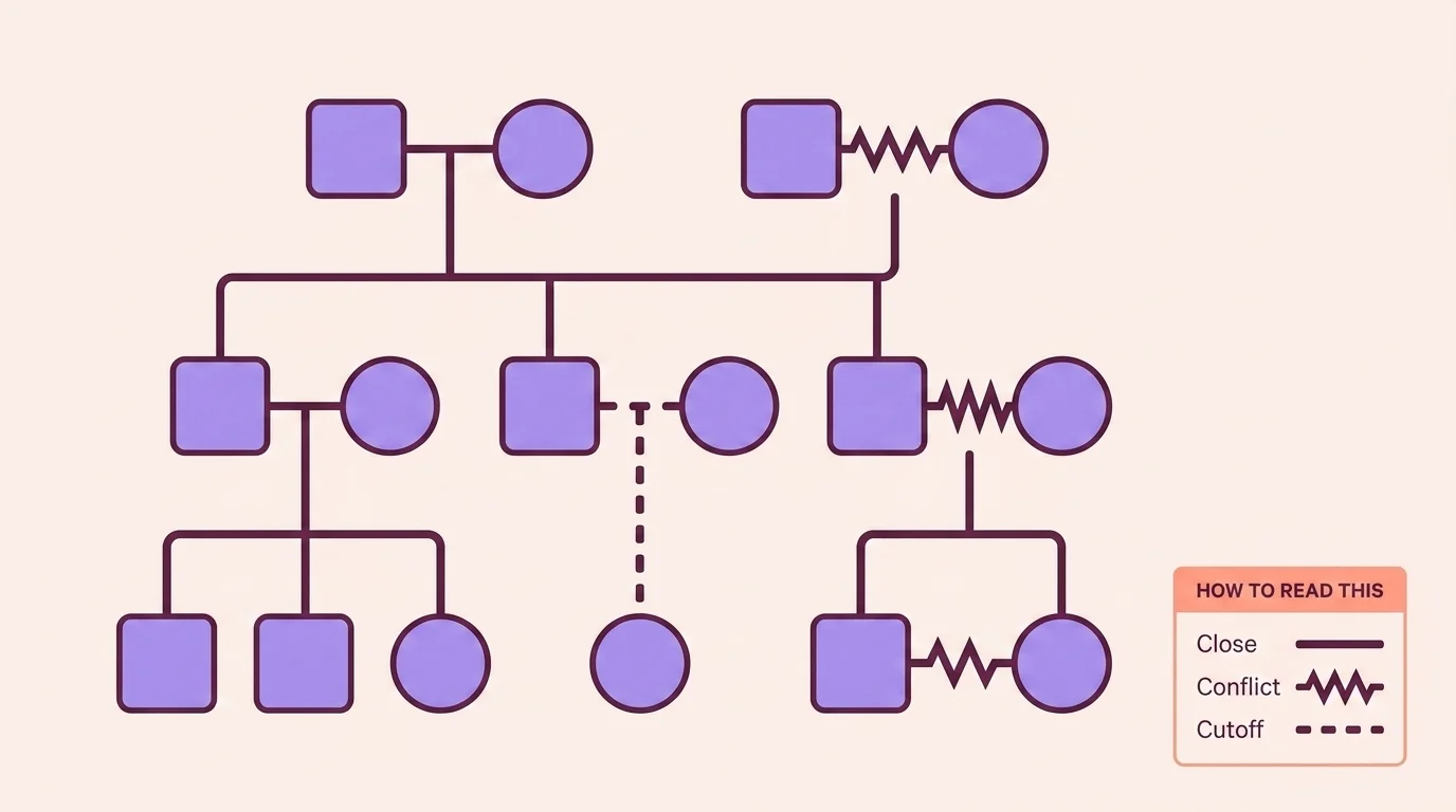 A three-generation genogram using squares and circles linked by solid, jagged and dashed lines with a small how-to-read key