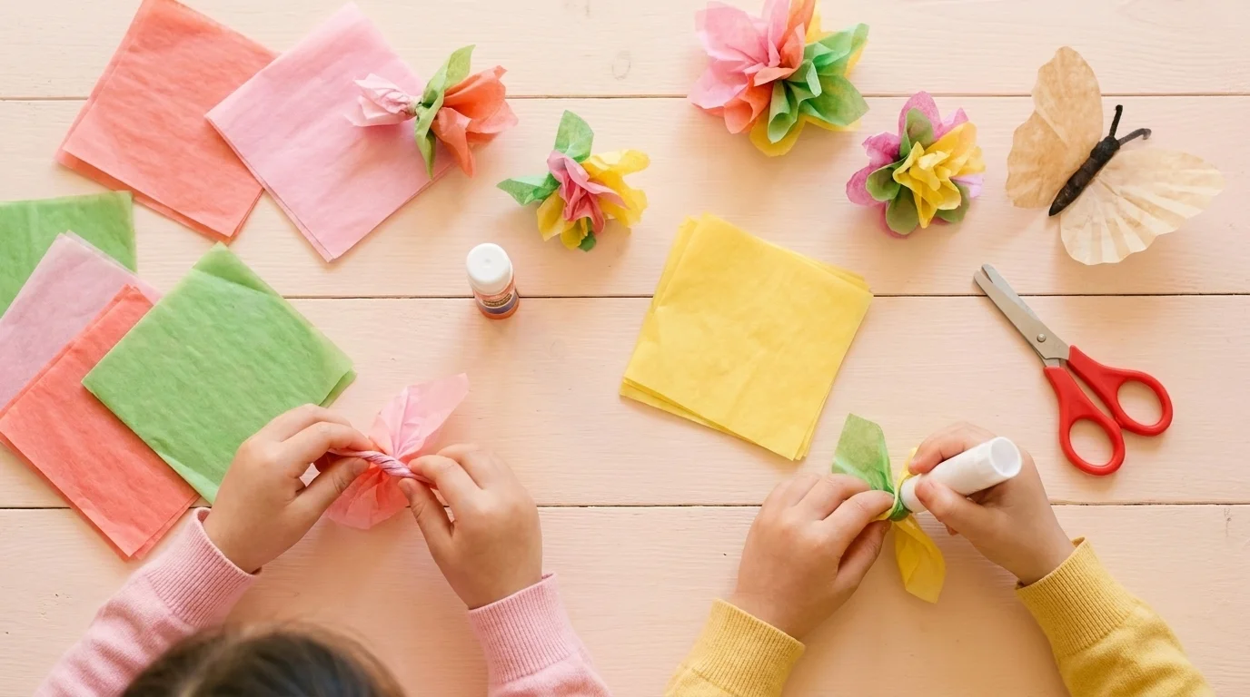 An overhead flat-lay of children's hands making tissue-paper flowers and coffee-filter butterflies at a table