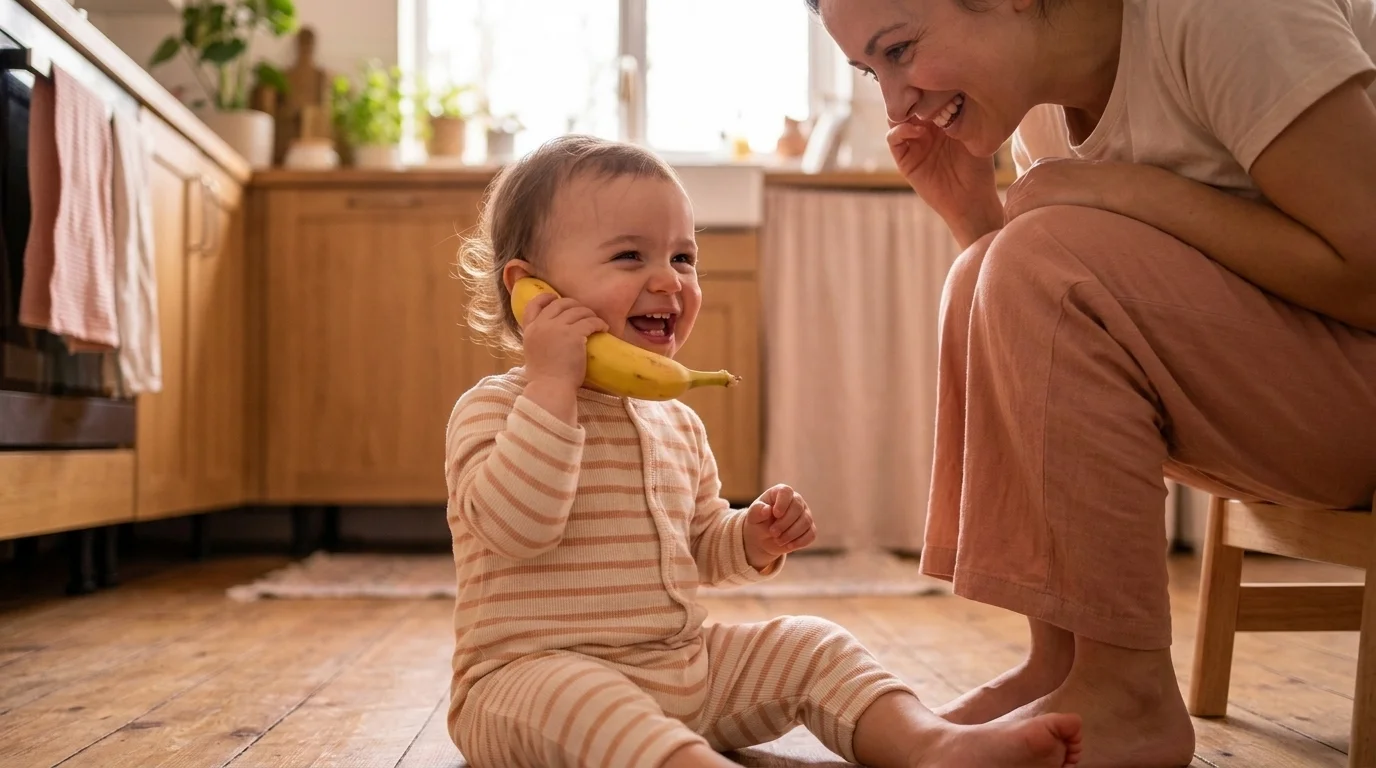 A laughing toddler holding a banana to their ear like a telephone while a parent sits nearby smiling