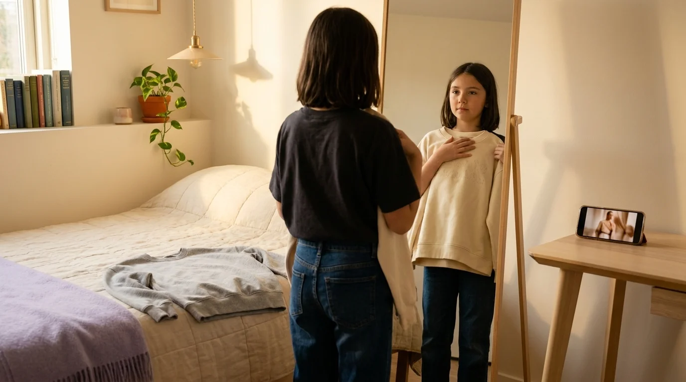 Tween at a full-length bedroom mirror choosing between two oversized sweatshirts beside a phone showing a paused TikTok