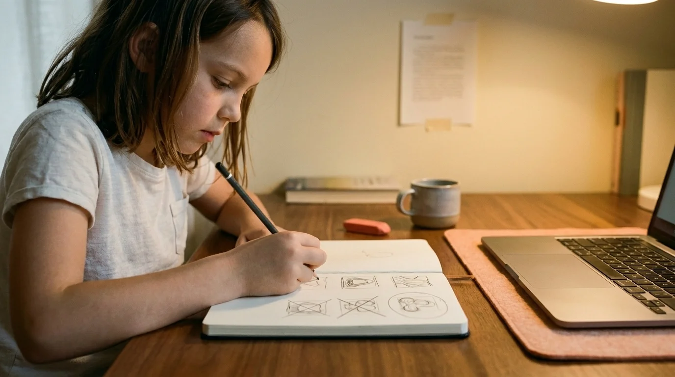 Tween drawing in a sketchbook with a pencil at a wooden desk, a closed laptop pushed to one side under soft lamp light