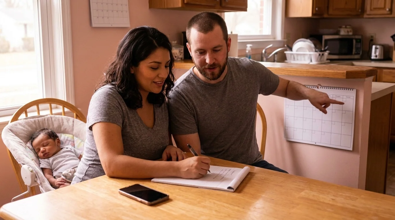 Two parents at a kitchen table with their newborn in a bouncer, planning leave weeks with a calendar and phone