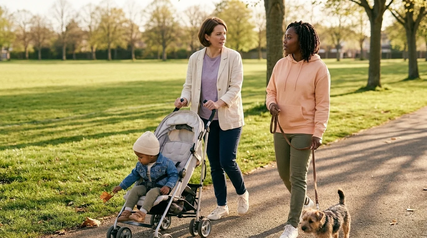Two parents with a stroller and a small dog crossing a sunlit park, toddler in the stroller — an LGBTQ family in support