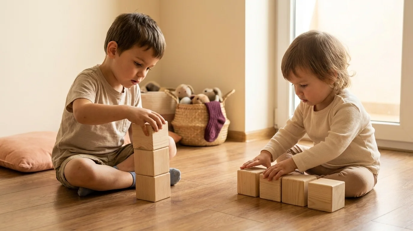 Two preschool-age children sitting on a wooden floor in parallel play, each with their own small set of wooden blocks