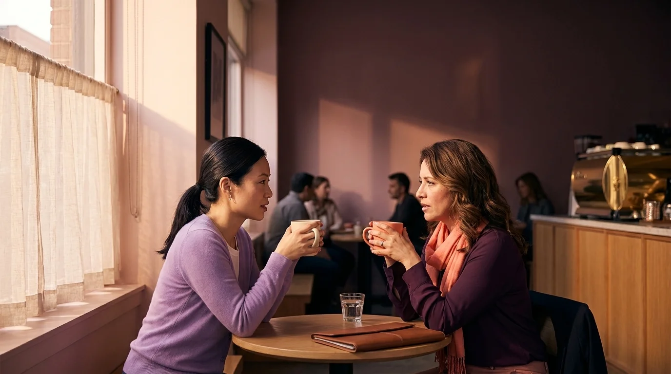 Two women in lavender and deep-plum with a coral scarf at a small round cafe table, mugs in hand, mid-conversation