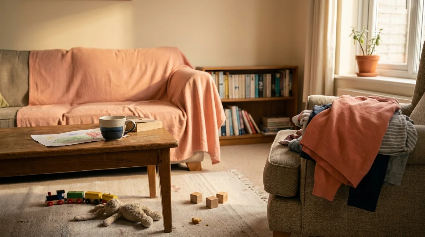 Real unstyled domestic living room with toys on the floor, folded laundry on a chair, and a half-drunk mug on the coffee table