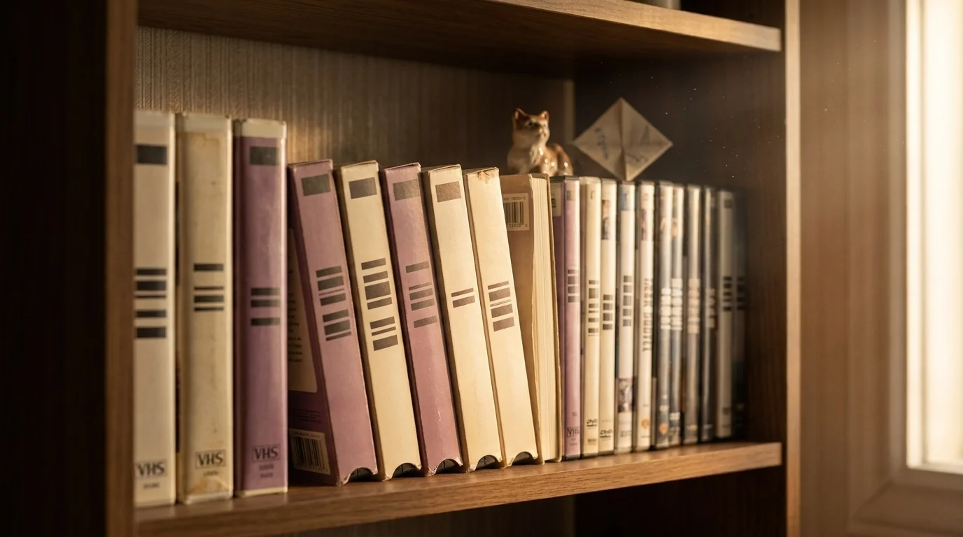Vintage suburban shelf stacked with 1990s VHS tapes and DVD cases in a beam of side light with visible dust motes