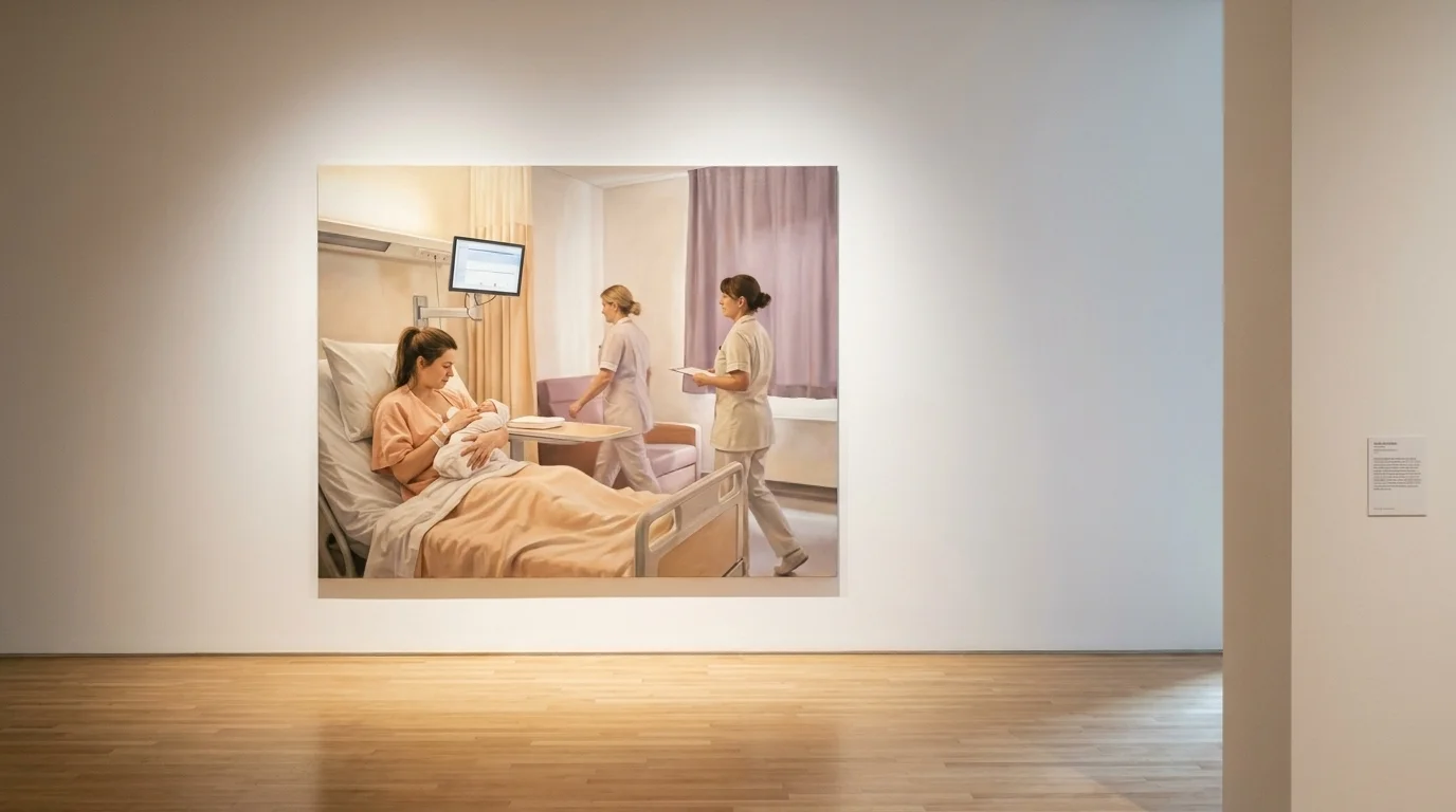 Caroline Walker-style maternity-ward painting in a contemporary gallery, the clinical interior of contemporary motherhood art