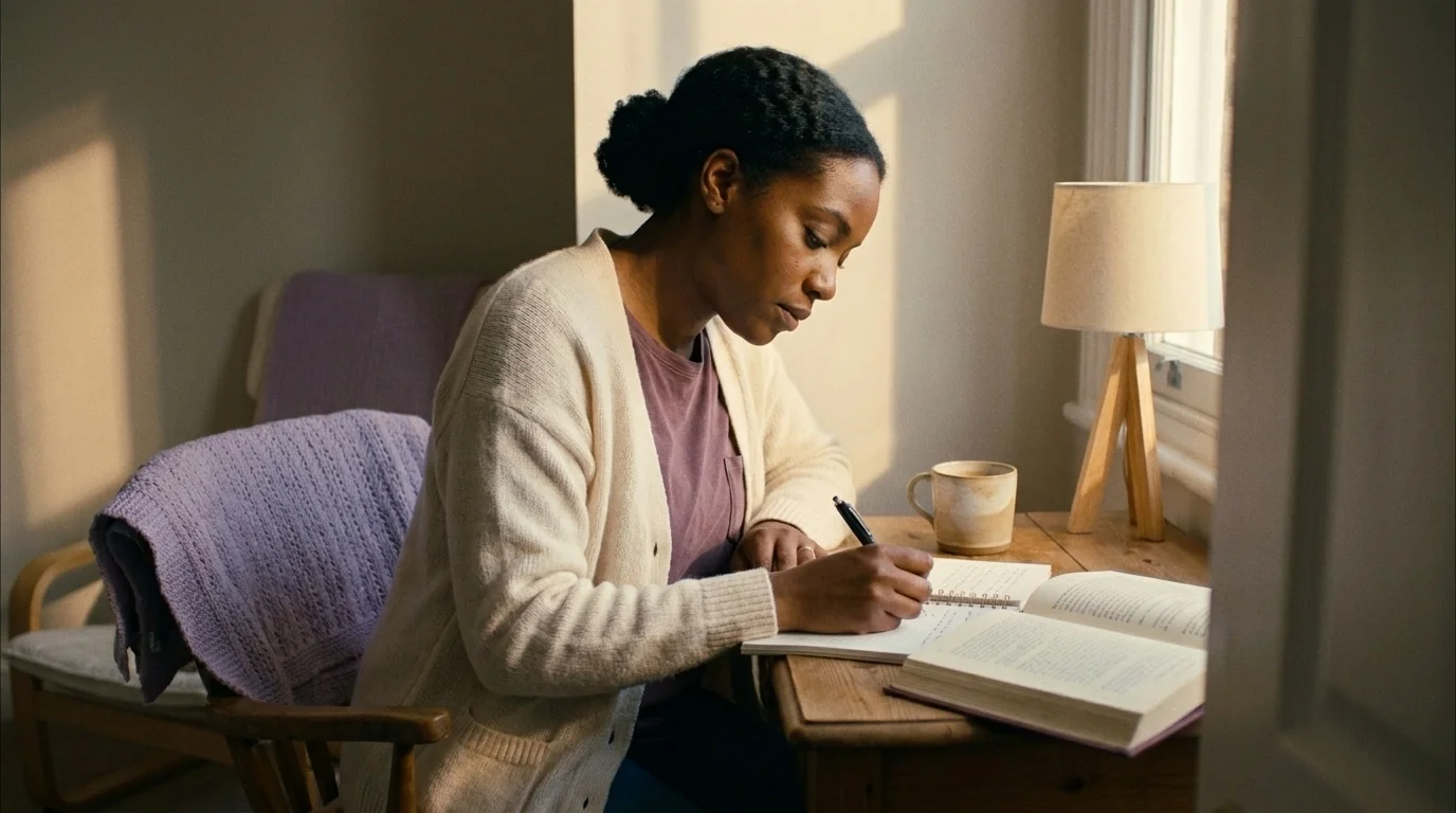 Woman writing in a notebook at her desk in late afternoon, a baby's blanket at the edge of the frame — matrescence as work