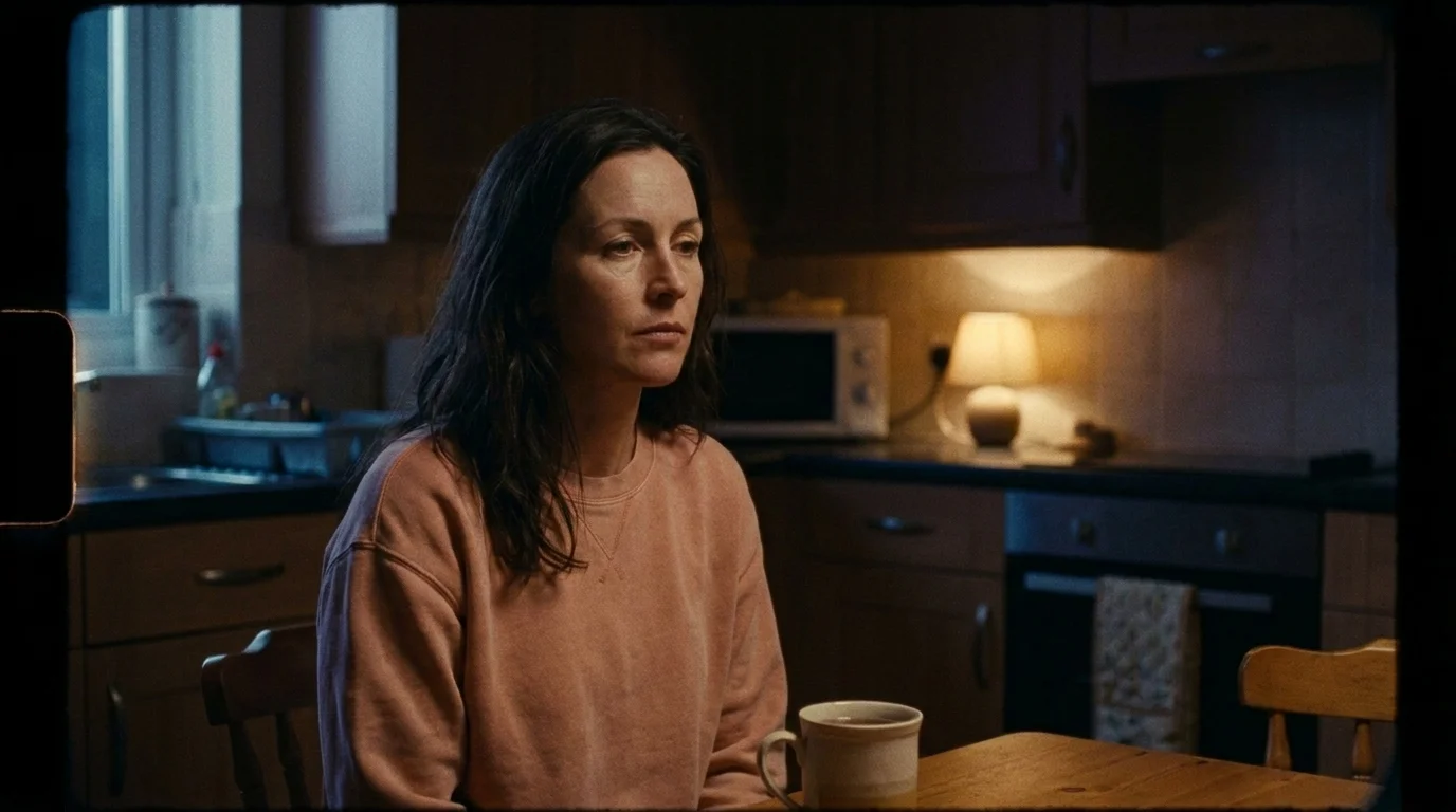 Woman alone at a kitchen table at night with a forgotten cup of tea, the unreadable interior of matrescence films