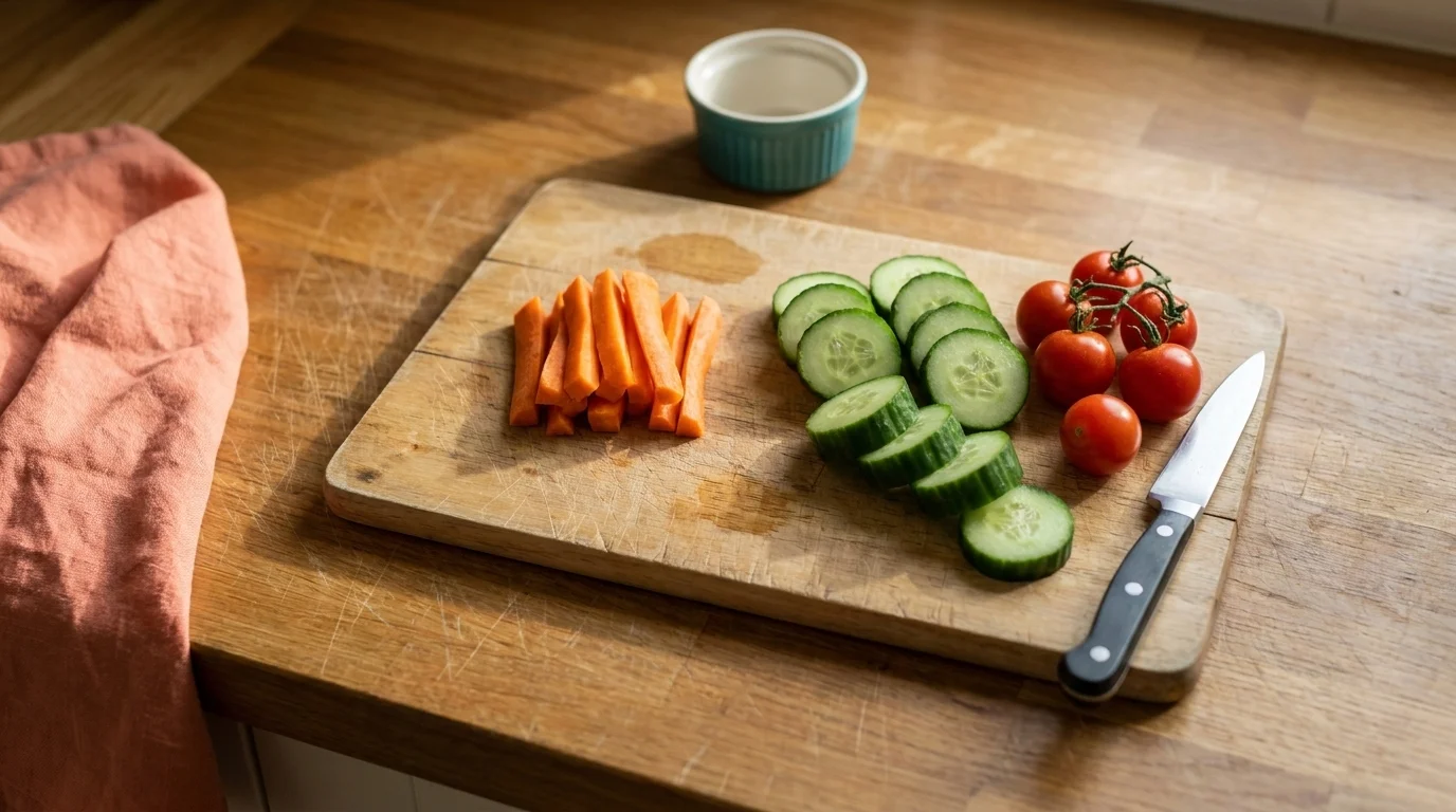 Wooden cutting board with raw carrot sticks, cucumber rounds, and cherry tomatoes in soft natural daylight
