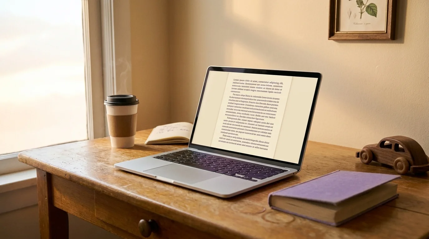 Wooden desk by a window with a laptop showing long-form reading, a soft-cream notebook, a paper coffee cup, and a child's wooden toy car