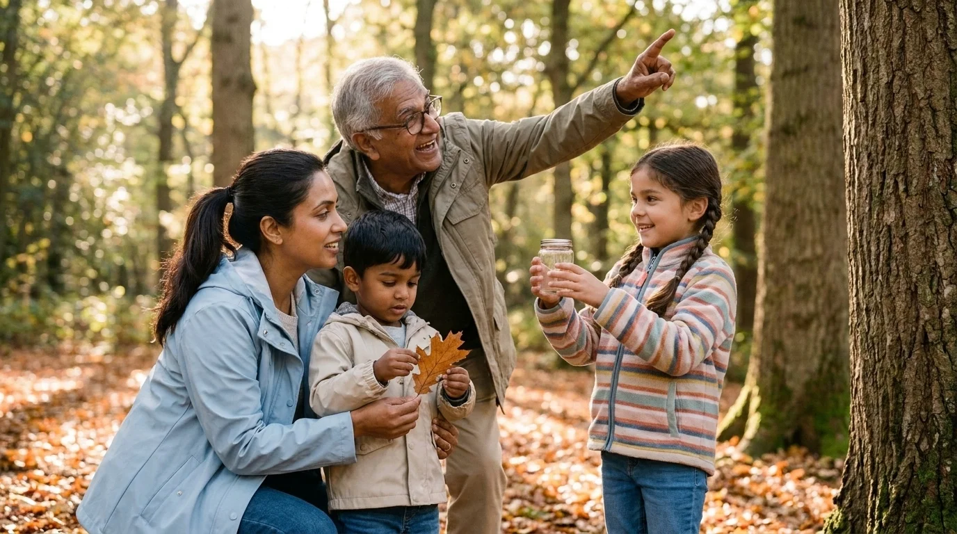 A grandfather, mother and two children examining leaves on a dappled woodland nature walk with a collecting jar