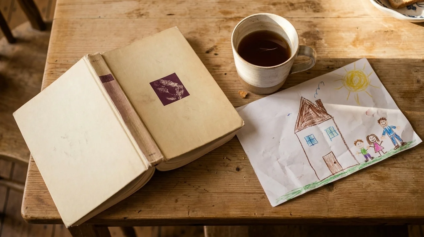 Worn paperback parenting book on a kitchen table beside a half-drunk mug of tea and a child's crayon drawing
